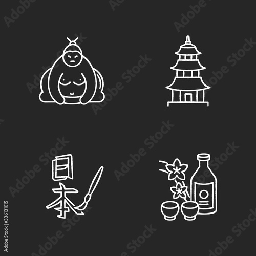 Japan chalk white icons set on black background. Sumo fighter. Shintoism temple. Asian calligraphy. Sake, alcohol drink. Traditional japanese attributes. Isolated vector chalkboard illustrations