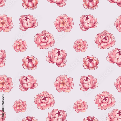 Seamless pattern, Pink flowers stylization, Peonies, sakura, apple tree, rose, Illustration procreate, Light Pink background