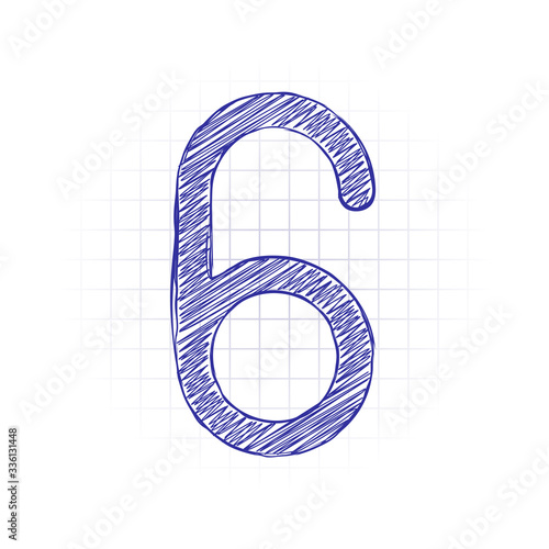 Number six, numeral, simple letter. Hand drawn sketched picture with scribble fill. Blue ink. Doodle on white background