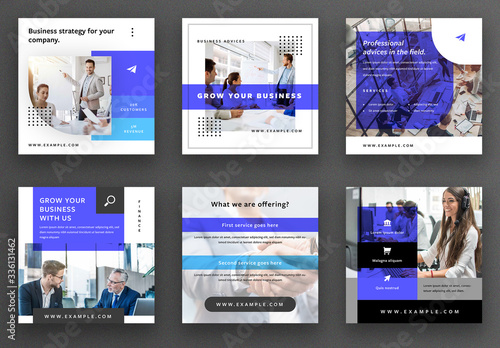 Social Media Post Layout Set with Blue Overlays Stock Template | Adobe ...