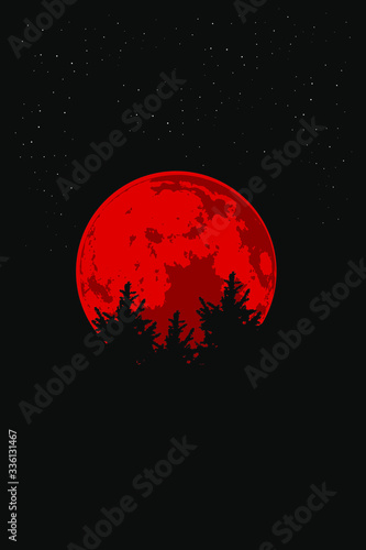 An silhouette illustration big blood moon and trees vector
