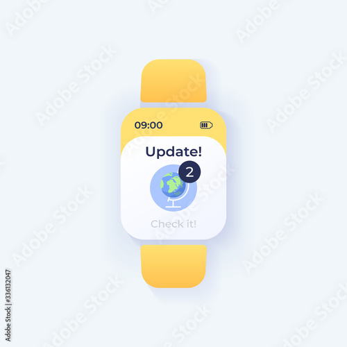 New updates notice smartwatch interface vector template. Mobile app notification day mode design. Unread messages reminder screen. Flat UI for application. Globe on smart watch display