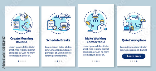 Work at home rules onboarding mobile app page screen with concepts. Schedule, comfortable and quiet workplace walkthrough 4 steps graphic instructions. UI vector template with RGB color illustrations
