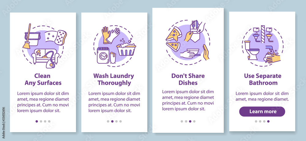 Household tips onboarding mobile app page screen with concepts. Cleaning surfaces, washing laundry thoroughly walkthrough 4 steps graphic instructions. UI vector template with RGB color illustrations