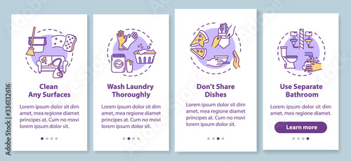 Household tips onboarding mobile app page screen with concepts. Cleaning surfaces, washing laundry thoroughly walkthrough 4 steps graphic instructions. UI vector template with RGB color illustrations