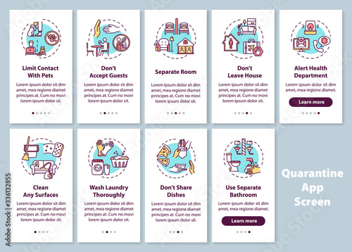 Quarantine rules onboarding mobile app page screen with concepts. Self-isolation and household tips walkthrough 4 and 5 steps graphic instructions set. UI vector template with RGB color illustrations