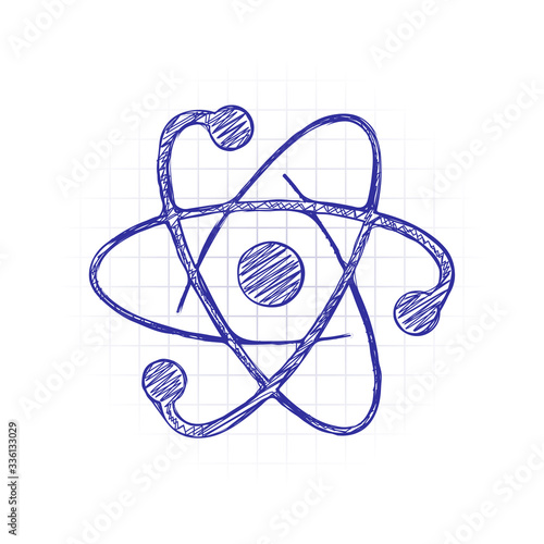 scientific atom symbol, logo, simple icon. Hand drawn sketched picture with scribble fill. Blue ink. Doodle on white background