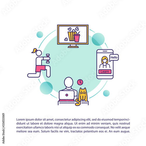 Quarantine, home activities and work concept icon with text. Distance learning, fitness and leisure. PPT page vector template. Brochure, magazine, booklet design element with linear illustrations