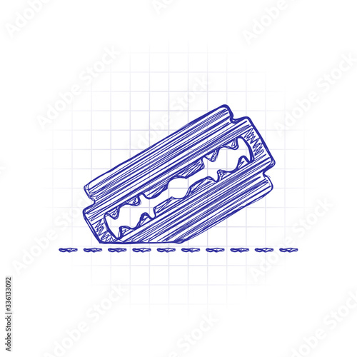 razor blade and cutting line. simple single icon. Hand drawn sketched picture with scribble fill. Blue ink. Doodle on white background