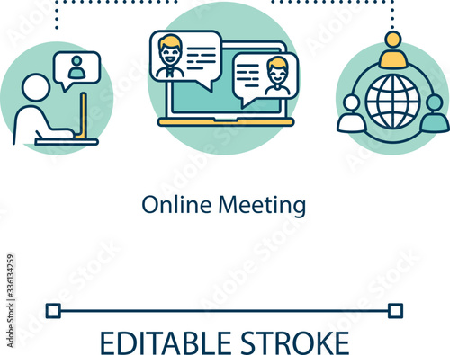 Online meeting concept icon. Video conference at home. Work call with computer. Quarantine work ethic idea thin line illustration. Vector isolated outline RGB color drawing. Editable stroke