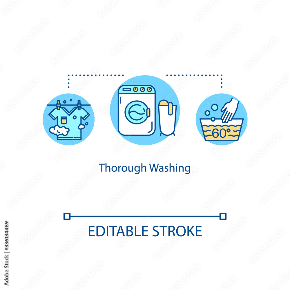 Thorough washing concept icon. Clean clothes with washer. Cleanliness, sanitary. Quarantine disinfection method idea thin line illustration. Vector isolated outline RGB color drawing. Editable stroke Thorough washing concept icon. Clean clothes with washer. Cleanliness, sanitary. Quarantine disinfection method idea thin line illustration. Vector isolated outline RGB color drawing. Editable stroke