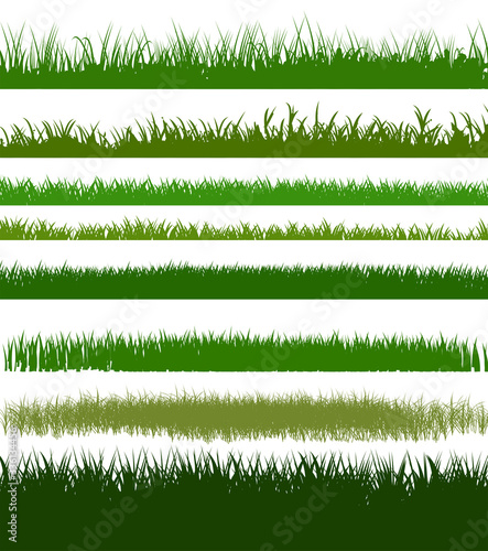 Grass silhouettes background. Set. Vector isolated. Green dense juicy lawn grass. Spring Summer. Isolated. Grassland landscape. Meadow. Horizontal Herbs Garden.