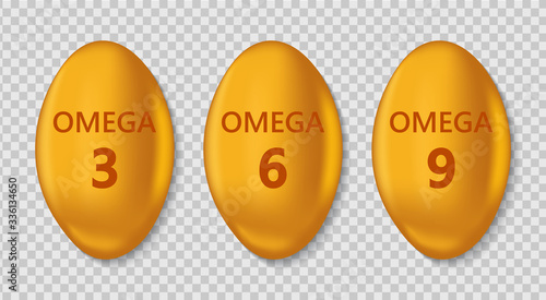 Fish oil pill omega 3. 3d round capsule omega3 on transparent background. Gold vitamin tablet for liver. Realistic fatty gel acids for diet. Isolated nutrient collagen for skin. vector illustration.