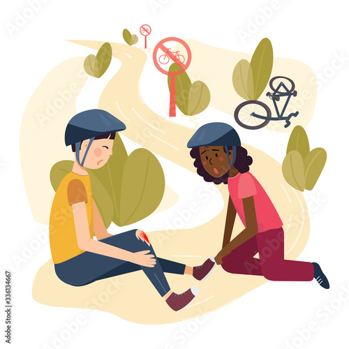 Two children friends after a bicycle crush accident. A girl and a boy with a wound on his knee are sitting on the background of the park and signs Bike rides is prohibited. Road safety concept.