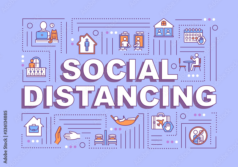 Social distancing word concepts banner. Self-isolation for personal safety. Infographics with linear icons on purple background. Isolated typography. Vector outline RGB color illustration Social distancing word concepts banner. Self-isolation for personal safety. Infographics with linear icons on purple background. Isolated typography. Vector outline RGB color illustration