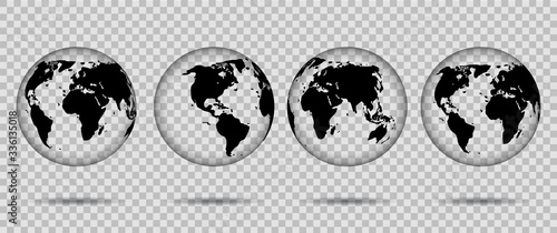 3d transparent globes of Earth icon. Globus silhouette with continent usa, europe, asia, africa. Realistic black continents on glass planet on isolated background. Simple vector illustration.