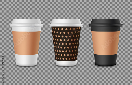 Coffee paper cups mockup. 3d plastic mug for cafe logo. Corporate identity template set. Realistic blank container for hot beverage, cappuccino on isolated background. White, black vector package.