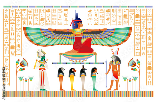 Egyptian papyrus with gods and goddess. Isis with wings, Horus, Osiris, ancient Egyptian deitiy in old historical paper art. Vector illustration isolated on white. Ancient Egypt papyrus hieroglyph set
