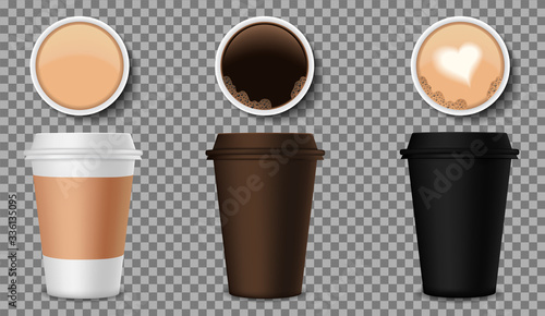 Coffee cups mockup with top view. 3d plastic mocha mug for logo cafe. Realistic blank container with coffe on isolated background. White, black package for hot beverage. Espresso, latte template.