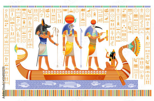 Obraz na płótnie Egyptian papyrus with gods in boat