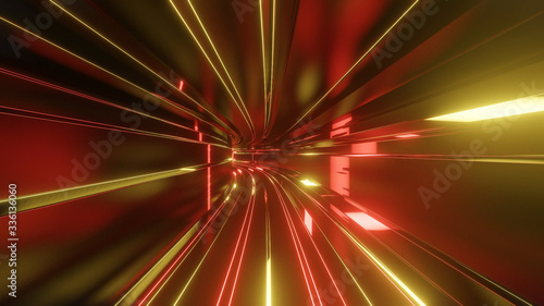 Sci-fi tunnel with neon lights. Abstract high-tech tunnel as background in the style of cyberpunk or high-tech future. Red yellow orange colors 4