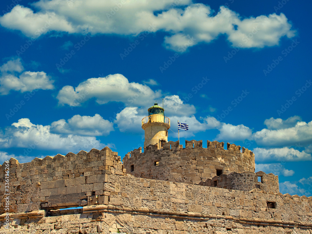 The famous and historic lighthouse on the island Rhodes, Greece