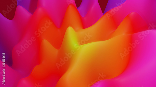 abstract fantastic background, liquid gradient of paint with internal glow forms hills or peaks like landscape in subsurface scattering material, mat color transitions. Yellow red purple