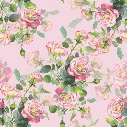 Pink and white roses, buds and blossoms hand-painted in watercolor pattern for printing on fabric, for printing on paper for packaging or for wedding invitations.