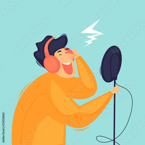 Recording a song in the studio. Flat design vector illustration.