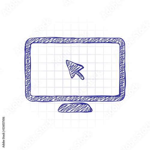 Desktop computer and mouse arrow. Simple digital icon. Hand drawn sketched picture with scribble fill. Blue ink. Doodle on white background