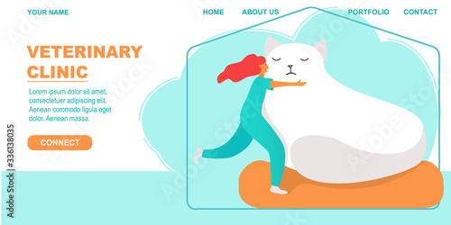 Veterinary clinic vector banner template. Doctor woman in uniform hugs a big white cat.