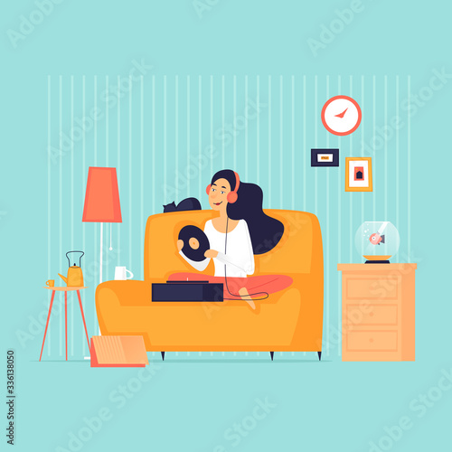 Girl sitting on a sofa at home listening to music, quarantine, self-isolation. Flat design vector illustration.