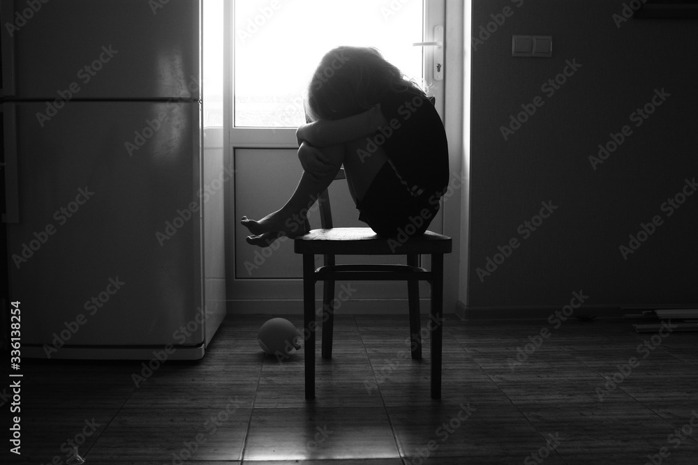 Crying Sad Little Girl Covered His Face With Hands - Depression Stress Or Frustration Concept - Black And White Photo