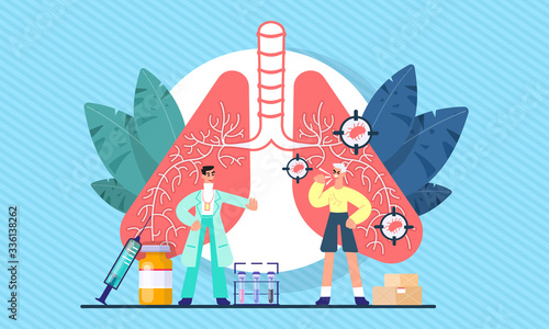 Pulmonology concept. Cartoon tiny lungs healthcare persons concept. Internal respiratory system examination inspection check and treatment. Lung organ disease or problems. Landing page template Vector