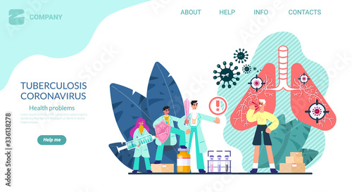 Pulmonology concept. Cartoon tiny lungs healthcare persons concept. Internal respiratory system examination inspection check and treatment. Lung organ disease or problems. Landing page template Vector