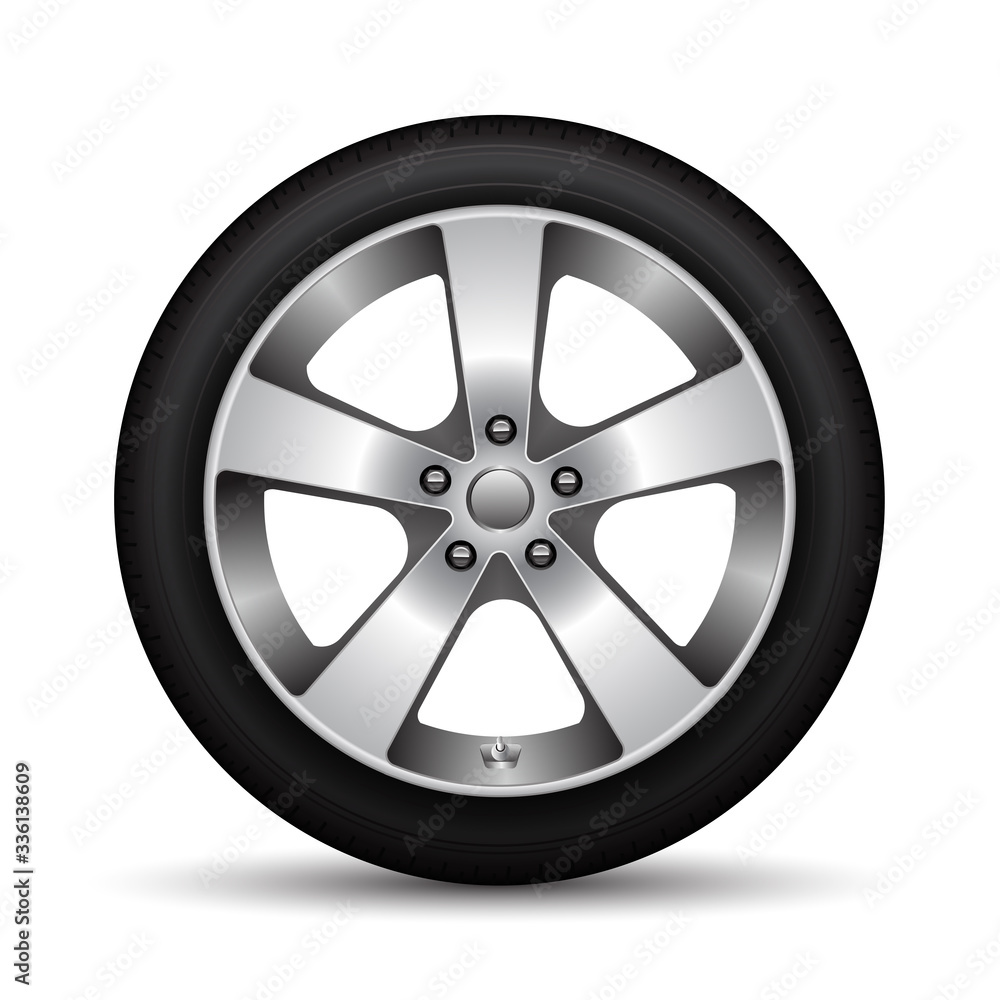 Realistic car wheel alloy black tire on white background vector illustration. Realistic car wheel alloy black tire on white background vector illustration.