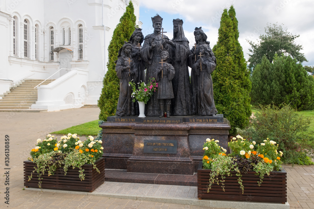 DIVEEVO, RUSSIA - AUGUST 25, 2019: Monument to family of last Russian Emperor Nicholas II Romanov in Holy Trinity-Saint Seraphim-Diveyevo Monastery in Diveyevo, Russia