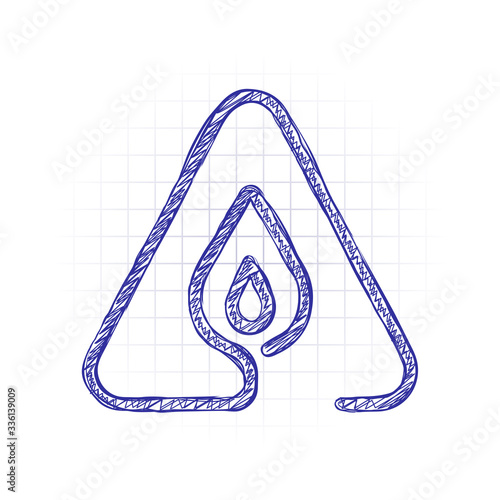 fire flame in warning triangle. linear symbol with thin outline. one line style. simple icon. Hand drawn sketched picture with scribble fill. Blue ink. Doodle on white background