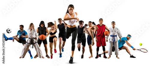 Sport collage. Running, tennis, soccer, taekwondo, fitness, fighter and basketball players