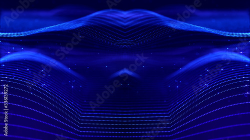 Blue motion design background with symmetrical pattern. Abstract sci-fi background with glow particles form curved lines, strings, surfaces, hologram or virtual digital space. Mirror 3d structure 29