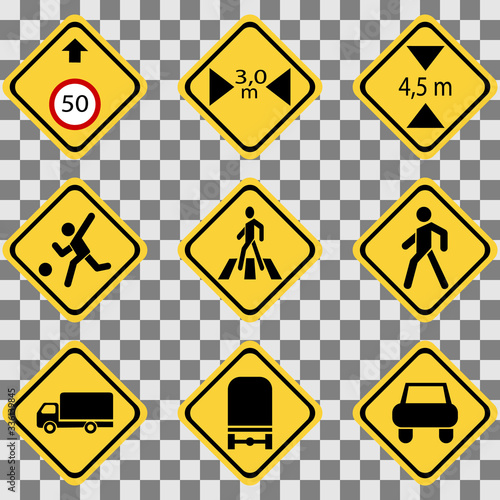 Road sign, warning signs on yellov background vector illustration