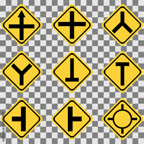 Road sign, road marking on yellov background vector illustration