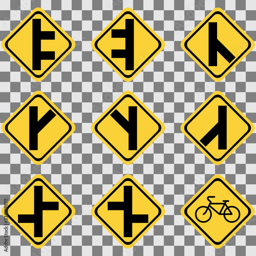 Road sign, road intersection on yellov background vector illustration