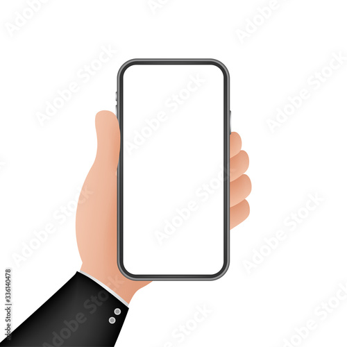 Smartphone on hand. Telephone icon. Touchscreen, Phone display. Cell phone vector icon. Flat graphic design. Vector stock illustration.