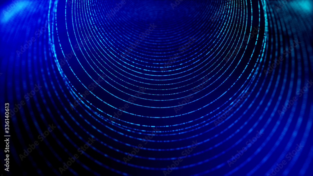 abstract blue background of glow particles form lines, surfaces as futuristic structures in cyberspace or hologram. Sci-fi theme of microworld, nanotechnology or cosmic space. Round structure 3