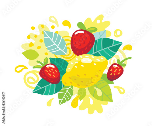 Fresh lemon strawberries juice splash. Organic strawberry lemonade with abstract vector leaves and swirls illustration.