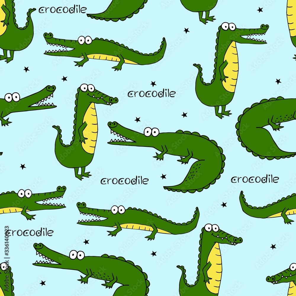 Obraz premium Seamless pattern with a cute green crocodile.Vector illustration for printing on fabric, packaging paper, Wallpaper. Cute children's background.