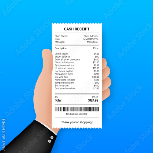 Receipt icon in a flat style isolated on a colored background. Invoice sign. Bill atm template or restaurant paper financial check. Vector stock illustration.