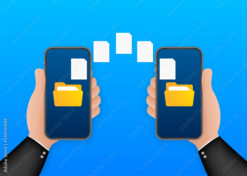 Data image file transfer between device smartphone. File transfer copy files data sheet exchange concept. Vector stock illustration. Data image file transfer between device smartphone. File transfer copy files data sheet exchange concept. Vector stock illustration.
