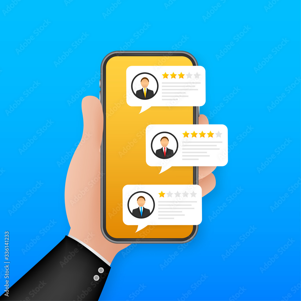 Review rating bubble speeches on mobile phone illustration, flat style smartphone reviews stars with good and bad rate and text. Vector Vector stock illustration.